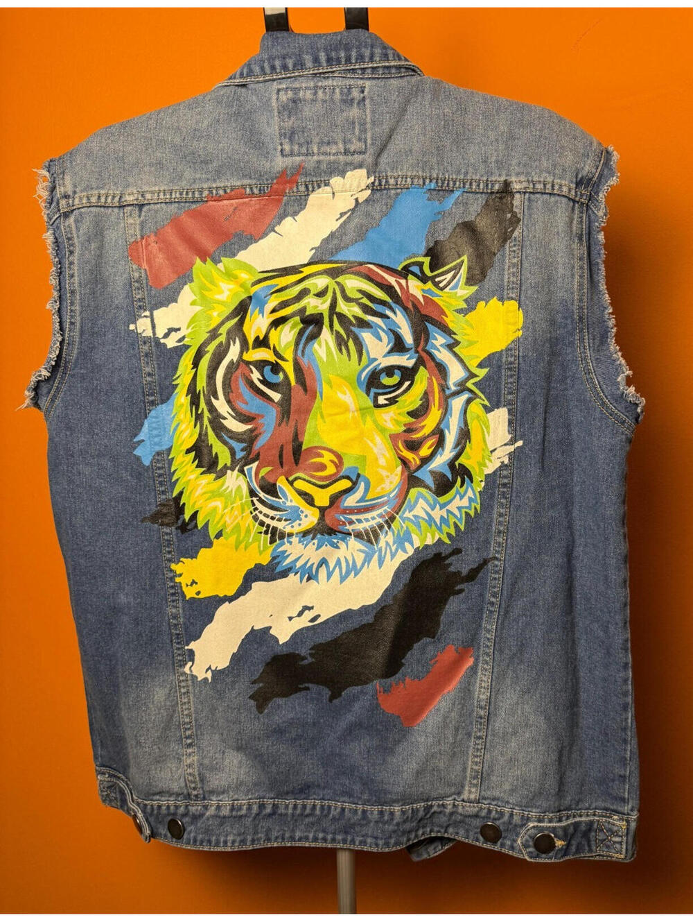 Victorious mens XL tiger denim vest biker punk rock mutli color